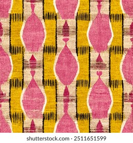 Patrón sin costuras de Ikat étnico a rayas amarillas y rosadas.  Arte Abstractas del motivo Ikat. Ikat tribal étnico, arte de fondo de colores boho. Ilustración para tarjetas de felicitación, impresión y otro proyecto de diseño.