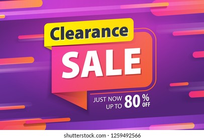 Yellow pink tag Clearance sale 80 percent off promotion website banner heading design on graphic purple background vector for banner or poster. Sale and Discounts Concept.