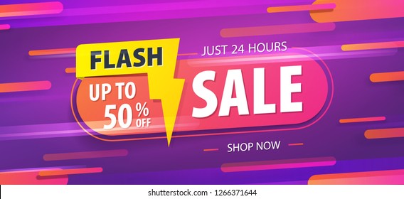 Yellow pink tag Flash sale 24 hour 50 percent off promotion website banner heading design on graphic purple background vector for banner or poster. Sale and Discounts Concept.