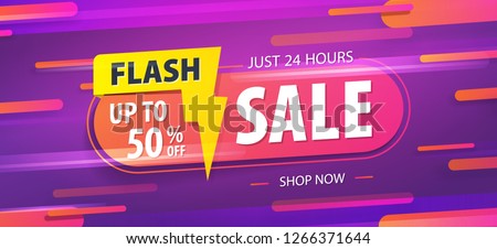 Yellow pink tag Flash sale 24 hour 50 percent off promotion website banner heading design on graphic purple background vector for banner or poster. Sale and Discounts Concept.