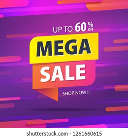 Yellow pink tag Mega sale 60 percent off promotion website banner heading design on graphic purple background vector for banner or poster. Sale and Discounts Concept.