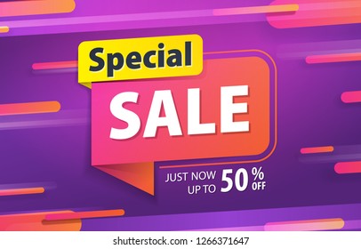 Yellow pink tag Special sale 80 percent off promotion website banner heading design on graphic purple background vector for banner or poster. Sale and Discounts Concept.