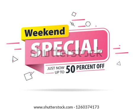 Yellow pink tag Weekend special 50 percent off promotion website banner heading design on graphic white background vector for banner or poster. Sale and Discounts Concept.