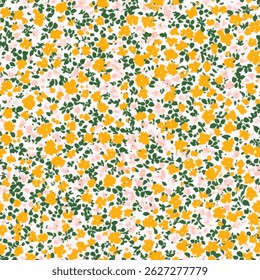 Padrão floral pequeno amarelo e rosa em um fundo branco, com pequenas flores e folhas verdes, ilustração vetor padrão sem costura flor pequena, verão doodle, crianças e desenhos de bebê para tecido impresso.