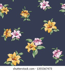 yellow and pink vector flower pattern on navy background