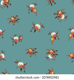 yellow and pink vector flowers with brown leaves pattern on green background