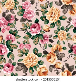 yellow and pink vector flowers with green leaves pattern on pink background