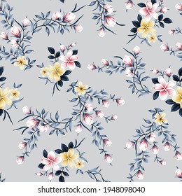 yellow and pink vector small flowers with blue leaves bunches pattern on grey background