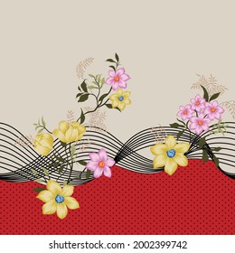 yellow and pink vector stock flowers with green leaves border pattern on retro black stripe red and cream background