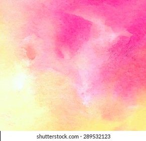 Yellow pink watercolor colorful hand drawn paper texture background. Wet brush painted smudges vector abstract illustration. Design artistic card, banner, template, decoration, print, wallpaper, web