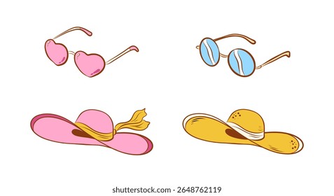 A yellow and pink women's hats and glasses set. Illustration for printing, stickers, advertising, web.
