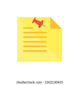 Yellow pinned paper, note icon vector. Flat icon illustration