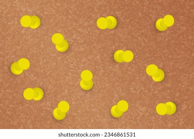 Yellow pins in different position on a cork board. 