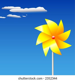 A yellow, pinwheel or whirligig toy/garden-ornament, with a floral look, against blue summer sky.