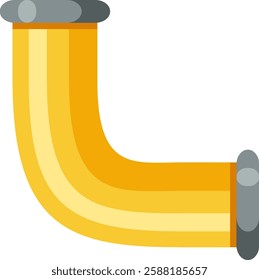 Yellow pipe forming a ninety degree angle with gray connectors, useful for plumbing and industrial applications, representing connection, direction, and flow