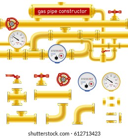Yellow pipe set constructor isolated on white background. Industry pump measure device and tap collection. Design gas oil gasoline diesel fuel supply system. Pipeline project plan. Easy to edit