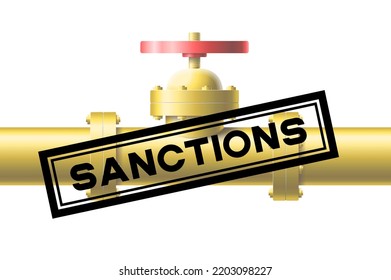Yellow pipeline with big red faucet and text sanctions stamp vector illustration
