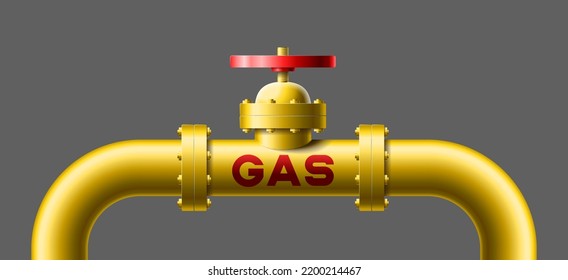 Yellow pipeline with big valve and red text gas on pipe vector illustration isolated