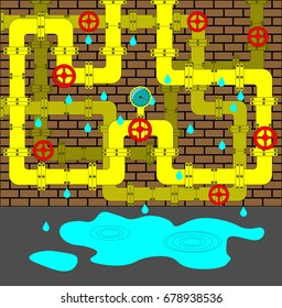 Yellow pipes with pipe taps in cellar. Dropping water and puddle below. Handmade vector
