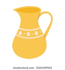 A yellow pitcher with a white stripe on it. The pitcher is empty