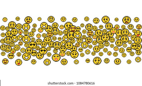 Yellow pixel art vector set of smiles to represent various emotions. Positive emoticon, happy, sad, cry isolated emoji. Glitter abstract smiley icons for web, card, poster, cover, invitation, brochure