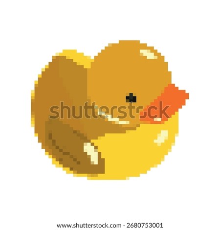 Yellow pixel duckling on white background, children bath toy rubber duck, bathing duck in cartoon style for games and websites, gaming user interface