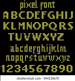 Yellow pixel font, set of letters and numbers