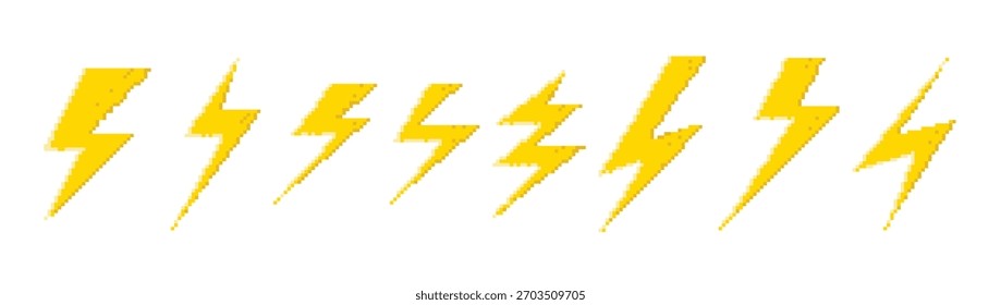 Yellow pixel lightning bolt set. Retro style, 8-bit lightning bolt graphic elements. Vector clipart icons