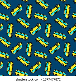 Minibuses de píxeles amarillos aislados en fondo azul. Vista lateral. Patrón perfecto. Ilustración gráfica plana vectorial. Textura.