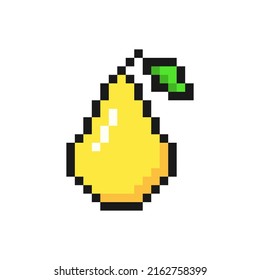 Yellow pixel pear. Sweet vitamin fruit with green leaf fresh tasty dessert with rich flavor and color for 8bit vector game design