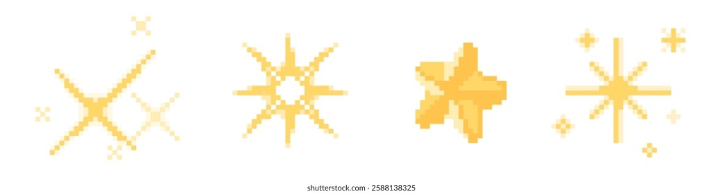 Yellow pixel stars set isolated on white background. Vector cartoon illustration of old 8bit software icon, retro messenger emoji, 80s style arcade game design elements, firework sparkles, boom effect