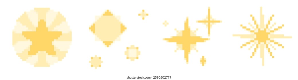 Yellow pixel stars set isolated on white background. Vector cartoon illustration of old 8bit software icon, retro messenger emoji, 80s style arcade game design elements, firework sparkles, boom effect