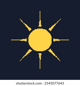 Yellow Pixel Sun Icon with Radiant Rays. Vintage Solar Symbol for Sunny Days. Isolated Vector Illustration.