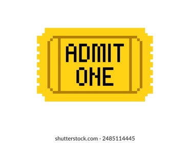 Icono de Ticket de píxel amarillo. Ticket de Vector en estilo de juego retro de 8 bits aislado en fondo blanco. Entrada de cine, teatro, concierto, juego, fiesta, evento. Icono de ticketpixel simple. Cupón de estilo geek