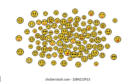 Yellow pixel vector set of smiles to represent various emotions. Positive emoticon, happy, sad, cry isolated emoji. Glitter abstract smiley icons for web, card, poster, cover, invitation, brochure.