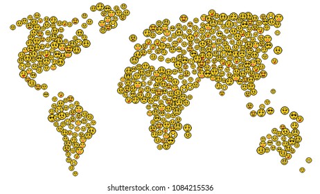 Yellow pixel vector set of smiles to represent various emotions on Earth map. Positive emoticon, happy, sad, cry isolated emoji. Glitter abstract smiley icons for web, card, poster, cover, brochure.