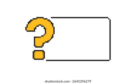 Ponto de interrogação amarelo pixelizado dentro de uma caixa com contorno em negrito, ilustrando curiosidade ou entrada ausente no estilo retro de 8 bits.