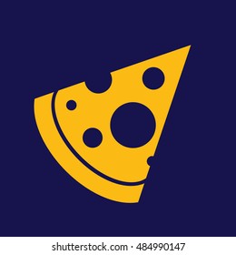 Yellow pizza slice vector icon illustration. Blue background