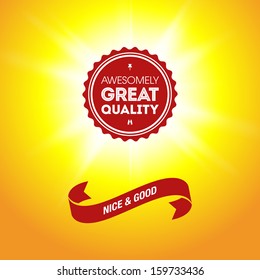 Yellow placeholder background with a burst and a sample awesomely great quality badge with a ribbon. Vector illustration with place for your product or text.
