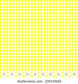 Yellow plaid background with daisy flowers, vector image
