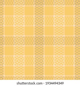 Yellow plaid cloth seamless vector pattern. Simple surface print design for fabrics, stationery, scrapbook paper, gift wrap, textiles, backgrounds, home decor, and packaging.