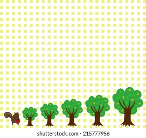 Yellow plaid pattern with trees and a squirrel, vector image