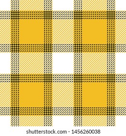 Yellow plaid pattern vector. Classic tartan check plaid in black, yellow, and white for modern fabric design. Buffalo check / vichy / gingham style.