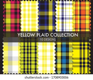 Die nahtlose Musterkollektion aus gelbem Plaid-Tartan umfasst 10 Designs, die für Modetextilien und Grafiken geeignet sind