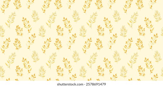 Yellow plain pattern with abstract tiny branches, little flowers buds. Creative small floral stems with drops, dots, spots seamless light print. Vector hand drawing. Ornament for textile, fabric