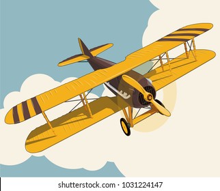 Yellow plane flying over sky with clouds in vintage color stylization. Old retro biplane designed for poster printing. Vector low poly airplane illustration. Banner layout. Model aircraft, two wings.