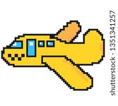 Yellow plane taxi, vector pixel art illustration, isolated on white. design game, map, web, cartoon element