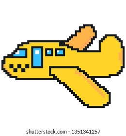 Yellow plane taxi, vector pixel art illustration, isolated on white. design game, map, web, cartoon element