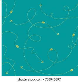 Yellow planes, envelopes and dashes on a blue background