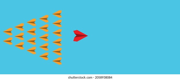 yellow planes flying in different directions as a group. Red airplane flying in different direction on blue background. Concept of creativity, innovative, different idea and thinking.
business vefinas